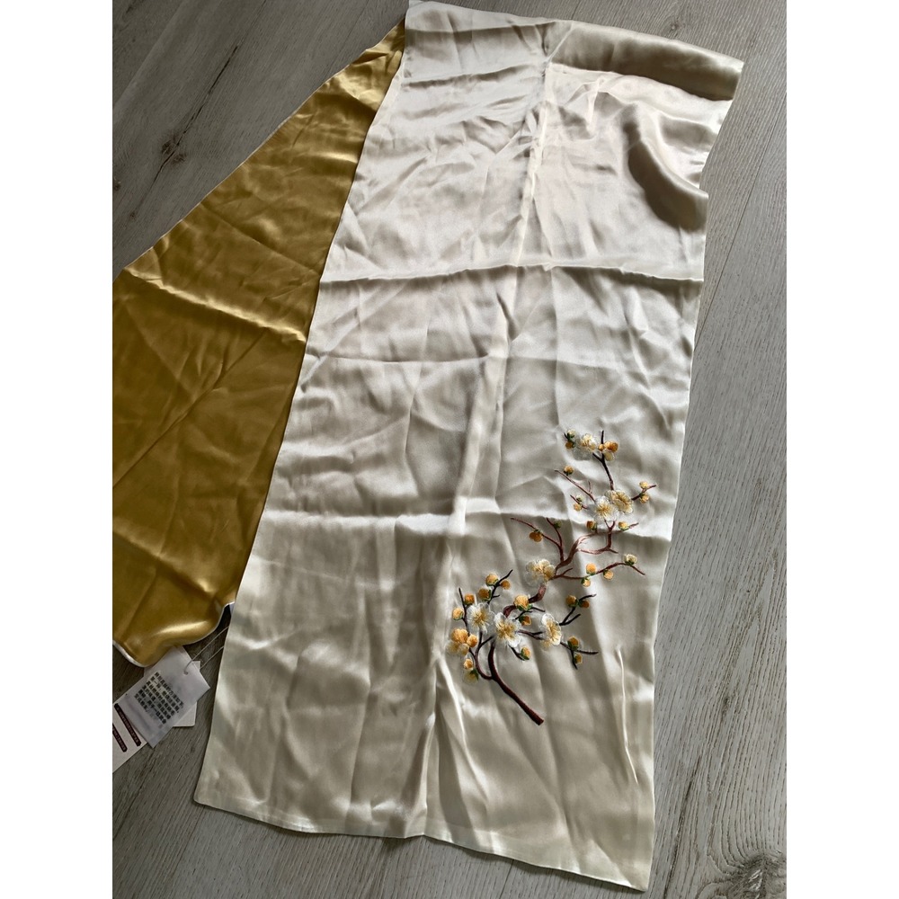 100% Silk Embroidered Cherry Blossom Scarf Cream Gold Double Sided Floral Luxury